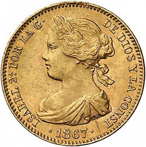 10 Escudos Obverse Image minted in SPAIN in 1867 (1865-68  -  ISABEL II - 2nd Decimal Coinage)  - The Coin Database