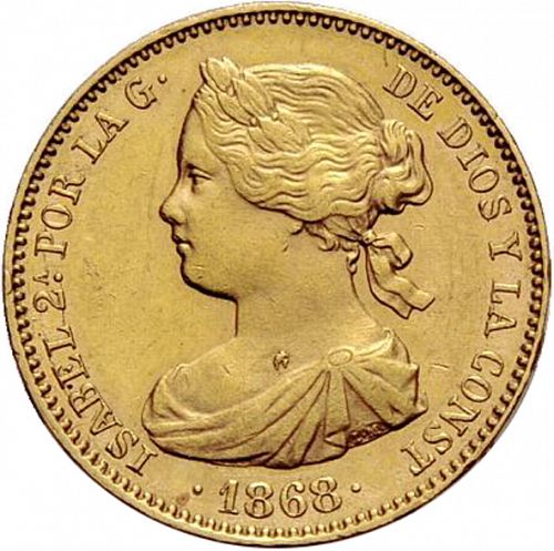 10 Escudos Obverse Image minted in SPAIN in 1868 / 68 (1865-68  -  ISABEL II - 2nd Decimal Coinage)  - The Coin Database