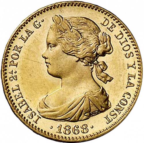 10 Escudos Obverse Image minted in SPAIN in 1868 / 73 (1865-68  -  ISABEL II - 2nd Decimal Coinage)  - The Coin Database