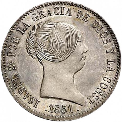 10 Reales Obverse Image minted in SPAIN in 1851 (1849-64  -  ISABEL II - Decimal Coinage)  - The Coin Database