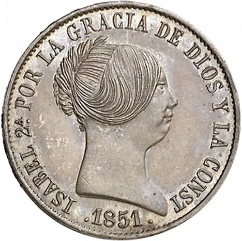10 Reales Obverse Image minted in SPAIN in 1851 (1849-64  -  ISABEL II - Decimal Coinage)  - The Coin Database