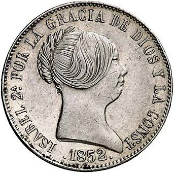 10 Reales Obverse Image minted in SPAIN in 1852 (1849-64  -  ISABEL II - Decimal Coinage)  - The Coin Database