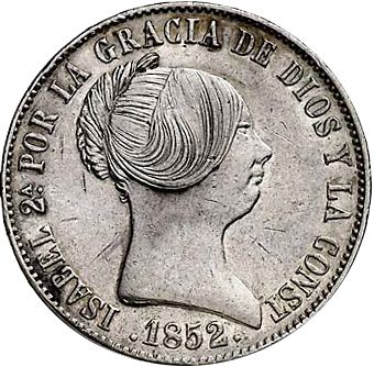 10 Reales Obverse Image minted in SPAIN in 1852 (1849-64  -  ISABEL II - Decimal Coinage)  - The Coin Database