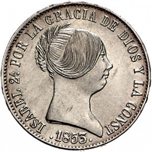 10 Reales Obverse Image minted in SPAIN in 1853 (1849-64  -  ISABEL II - Decimal Coinage)  - The Coin Database