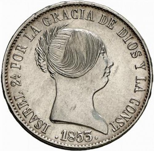 10 Reales Obverse Image minted in SPAIN in 1853 (1849-64  -  ISABEL II - Decimal Coinage)  - The Coin Database