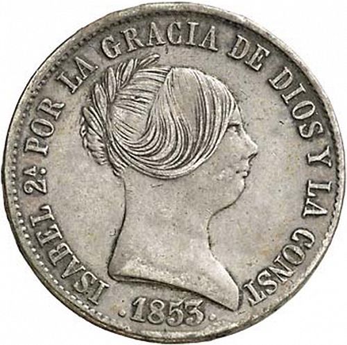 10 Reales Obverse Image minted in SPAIN in 1853 (1849-64  -  ISABEL II - Decimal Coinage)  - The Coin Database