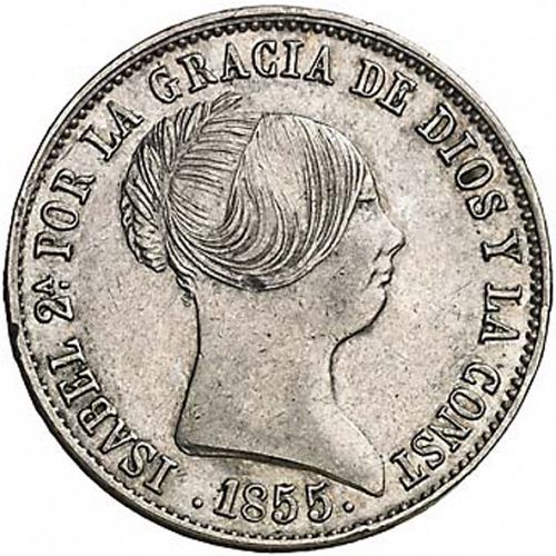 10 Reales Obverse Image minted in SPAIN in 1855 (1849-64  -  ISABEL II - Decimal Coinage)  - The Coin Database