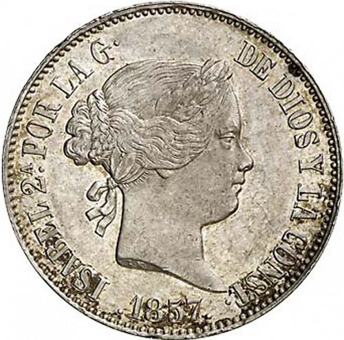 10 Reales Obverse Image minted in SPAIN in 1857 (1849-64  -  ISABEL II - Decimal Coinage)  - The Coin Database