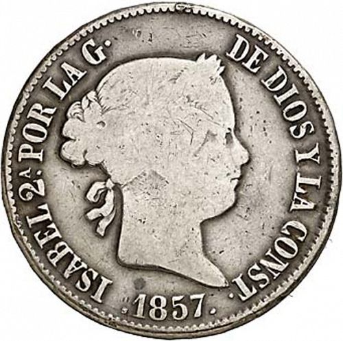 10 Reales Obverse Image minted in SPAIN in 1857 (1849-64  -  ISABEL II - Decimal Coinage)  - The Coin Database