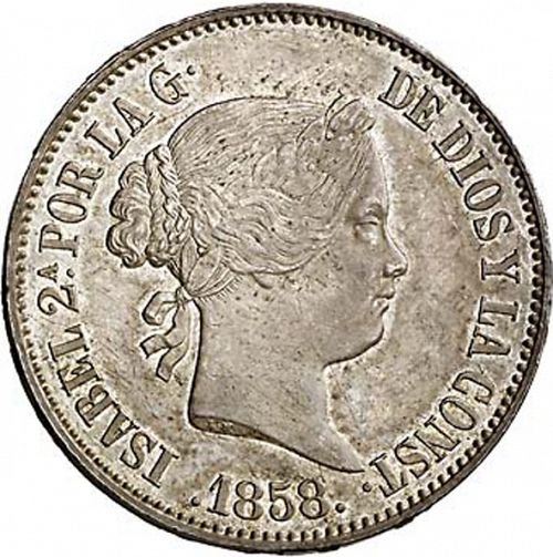 10 Reales Obverse Image minted in SPAIN in 1858 (1849-64  -  ISABEL II - Decimal Coinage)  - The Coin Database