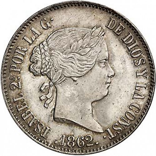 10 Reales Obverse Image minted in SPAIN in 1862 (1849-64  -  ISABEL II - Decimal Coinage)  - The Coin Database