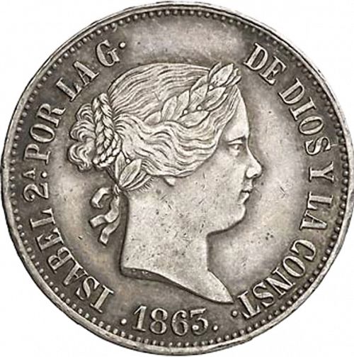10 Reales Obverse Image minted in SPAIN in 1863 (1849-64  -  ISABEL II - Decimal Coinage)  - The Coin Database