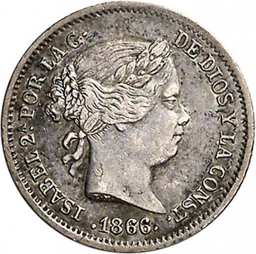10 Céntimos Escudo Obverse Image minted in SPAIN in 1866 (1865-68  -  ISABEL II - 2nd Decimal Coinage)  - The Coin Database