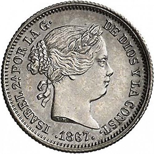 10 Céntimos Escudo Obverse Image minted in SPAIN in 1867 (1865-68  -  ISABEL II - 2nd Decimal Coinage)  - The Coin Database