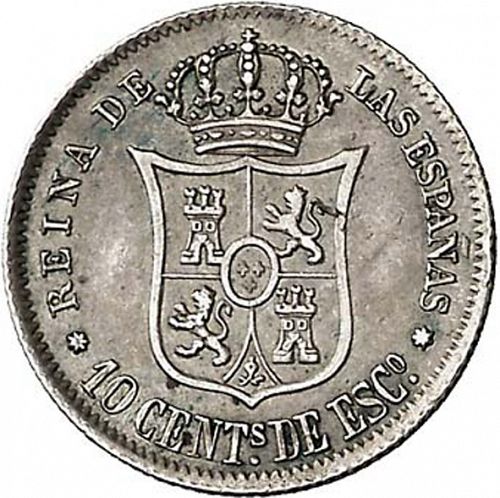 10 Céntimos Escudo Reverse Image minted in SPAIN in 1865 (1865-68  -  ISABEL II - 2nd Decimal Coinage)  - The Coin Database