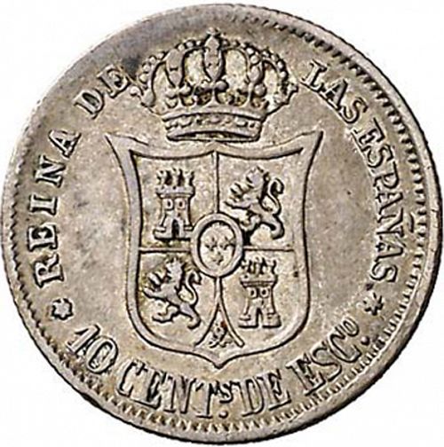 10 Céntimos Escudo Reverse Image minted in SPAIN in 1866 (1865-68  -  ISABEL II - 2nd Decimal Coinage)  - The Coin Database