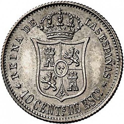 10 Céntimos Escudo Reverse Image minted in SPAIN in 1867 (1865-68  -  ISABEL II - 2nd Decimal Coinage)  - The Coin Database