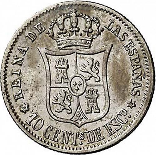 10 Céntimos Escudo Reverse Image minted in SPAIN in 1868 / 68 (1865-68  -  ISABEL II - 2nd Decimal Coinage)  - The Coin Database