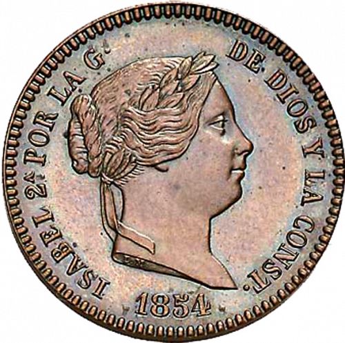 10 Céntimos Real Obverse Image minted in SPAIN in 1854 (1849-64  -  ISABEL II - Decimal Coinage)  - The Coin Database