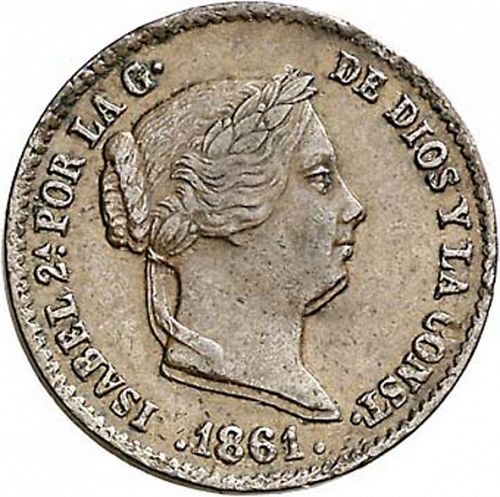 10 Céntimos Real Obverse Image minted in SPAIN in 1861 (1849-64  -  ISABEL II - Decimal Coinage)  - The Coin Database