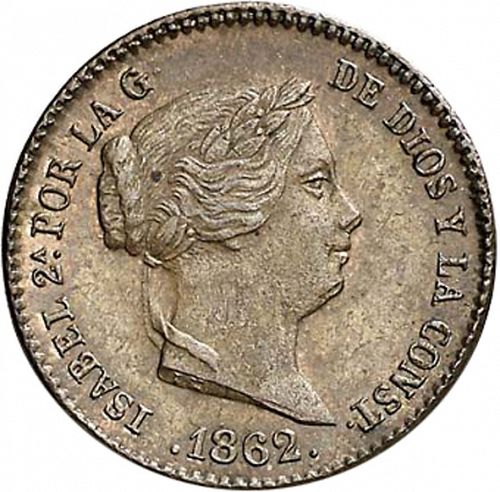 10 Céntimos Real Obverse Image minted in SPAIN in 1862 (1849-64  -  ISABEL II - Decimal Coinage)  - The Coin Database