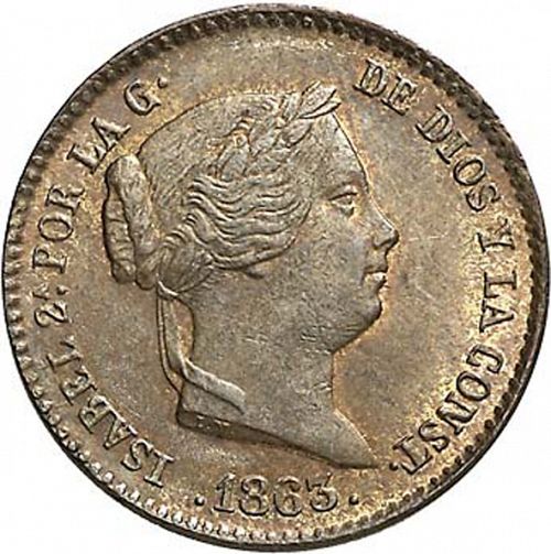10 Céntimos Real Obverse Image minted in SPAIN in 1863 (1849-64  -  ISABEL II - Decimal Coinage)  - The Coin Database