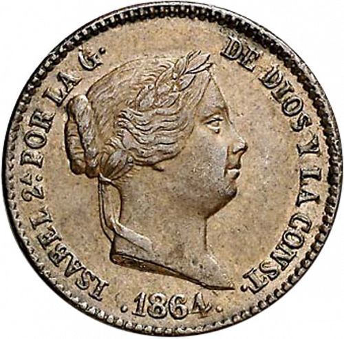 10 Céntimos Real Obverse Image minted in SPAIN in 1864 (1849-64  -  ISABEL II - Decimal Coinage)  - The Coin Database