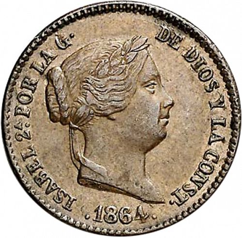 10 Céntimos Real Obverse Image minted in SPAIN in 1864 (1849-64  -  ISABEL II - Decimal Coinage)  - The Coin Database