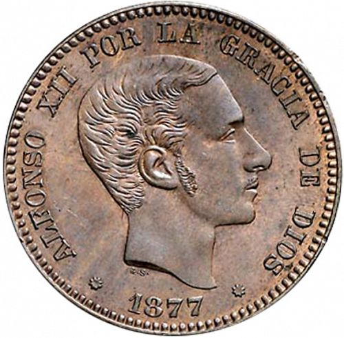 10 Céntimos Obverse Image minted in SPAIN in 1877 (1874-85  -  ALFONSO XII)  - The Coin Database