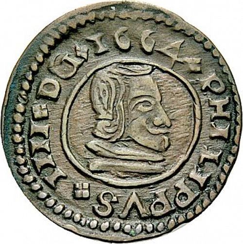 16 Maravedies Obverse Image minted in SPAIN in 1664M (1621-65  -  FELIPE IV)  - The Coin Database