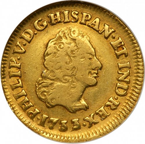 1 Escudo Obverse Image minted in SPAIN in 1733F (1700-46  -  FELIPE V)  - The Coin Database