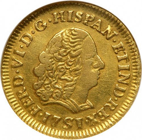 1 Escudo Obverse Image minted in SPAIN in 1751J (1746-59  -  FERNANDO VI)  - The Coin Database