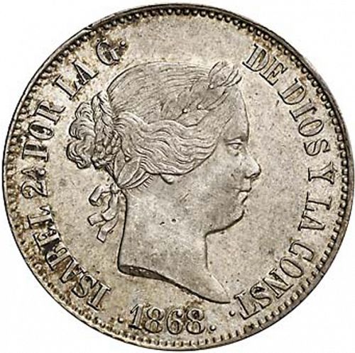 1 Escudo Obverse Image minted in SPAIN in 1868 / 68 (1865-68  -  ISABEL II - 2nd Decimal Coinage)  - The Coin Database