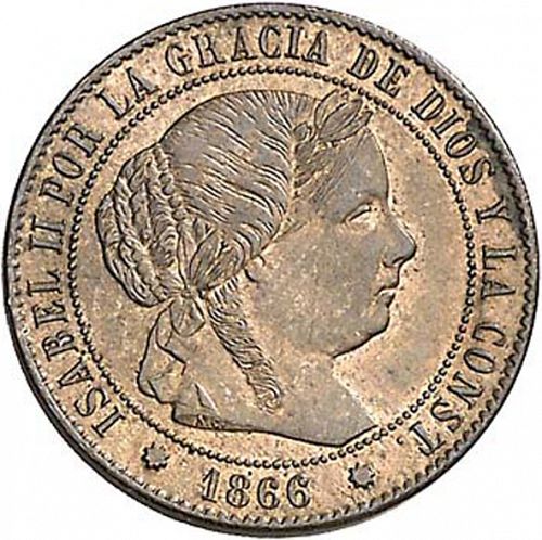 half Céntimo Escudo Obverse Image minted in SPAIN in 1866OM (1865-68  -  ISABEL II - 2nd Decimal Coinage)  - The Coin Database