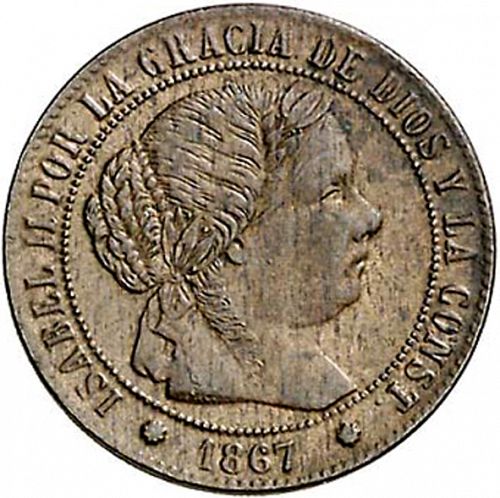 half Céntimo Escudo Obverse Image minted in SPAIN in 1867OM (1865-68  -  ISABEL II - 2nd Decimal Coinage)  - The Coin Database