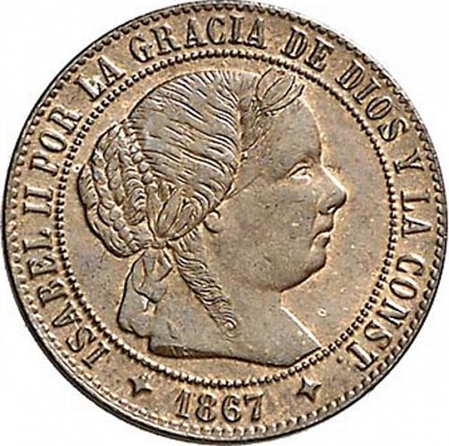 half Céntimo Escudo Obverse Image minted in SPAIN in 1867OM (1865-68  -  ISABEL II - 2nd Decimal Coinage)  - The Coin Database