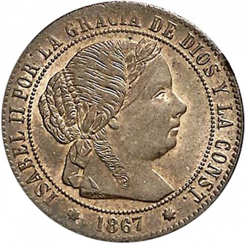 half Céntimo Escudo Obverse Image minted in SPAIN in 1867OM (1865-68  -  ISABEL II - 2nd Decimal Coinage)  - The Coin Database