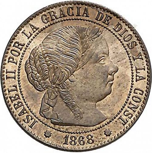 half Céntimo Escudo Obverse Image minted in SPAIN in 1868OM (1865-68  -  ISABEL II - 2nd Decimal Coinage)  - The Coin Database