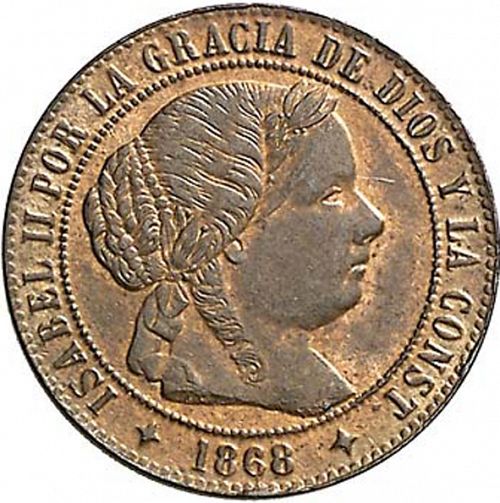 half Céntimo Escudo Obverse Image minted in SPAIN in 1868OM (1865-68  -  ISABEL II - 2nd Decimal Coinage)  - The Coin Database