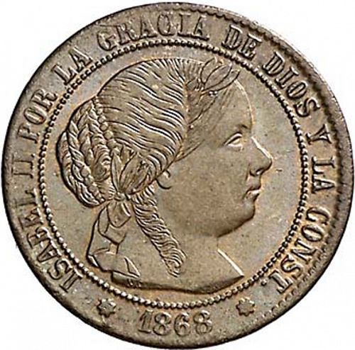 half Céntimo Escudo Obverse Image minted in SPAIN in 1868OM (1865-68  -  ISABEL II - 2nd Decimal Coinage)  - The Coin Database
