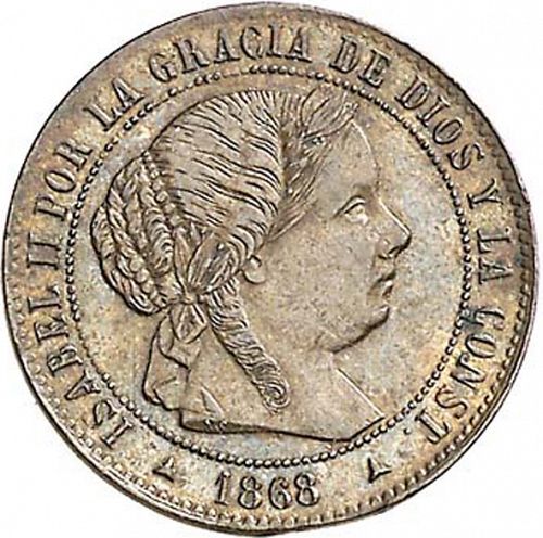 half Céntimo Escudo Obverse Image minted in SPAIN in 1868OM (1865-68  -  ISABEL II - 2nd Decimal Coinage)  - The Coin Database