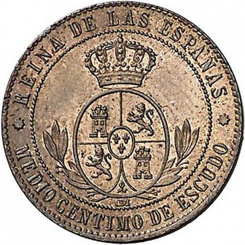 half Céntimo Escudo Reverse Image minted in SPAIN in 1866OM (1865-68  -  ISABEL II - 2nd Decimal Coinage)  - The Coin Database
