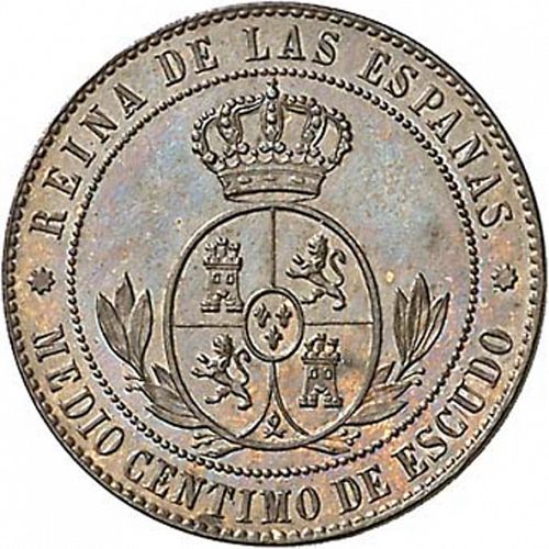half Céntimo Escudo Reverse Image minted in SPAIN in 1866 (1865-68  -  ISABEL II - 2nd Decimal Coinage)  - The Coin Database
