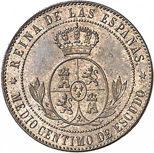half Céntimo Escudo Reverse Image minted in SPAIN in 1866 (1865-68  -  ISABEL II - 2nd Decimal Coinage)  - The Coin Database