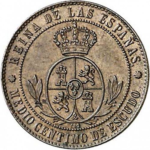 half Céntimo Escudo Reverse Image minted in SPAIN in 1867OM (1865-68  -  ISABEL II - 2nd Decimal Coinage)  - The Coin Database