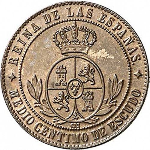 half Céntimo Escudo Reverse Image minted in SPAIN in 1867OM (1865-68  -  ISABEL II - 2nd Decimal Coinage)  - The Coin Database