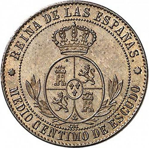 half Céntimo Escudo Reverse Image minted in SPAIN in 1868OM (1865-68  -  ISABEL II - 2nd Decimal Coinage)  - The Coin Database