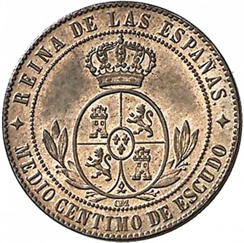 half Céntimo Escudo Reverse Image minted in SPAIN in 1868OM (1865-68  -  ISABEL II - 2nd Decimal Coinage)  - The Coin Database