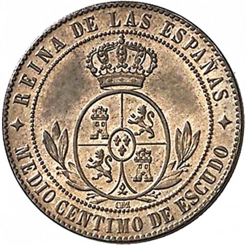 half Céntimo Escudo Reverse Image minted in SPAIN in 1868OM (1865-68  -  ISABEL II - 2nd Decimal Coinage)  - The Coin Database