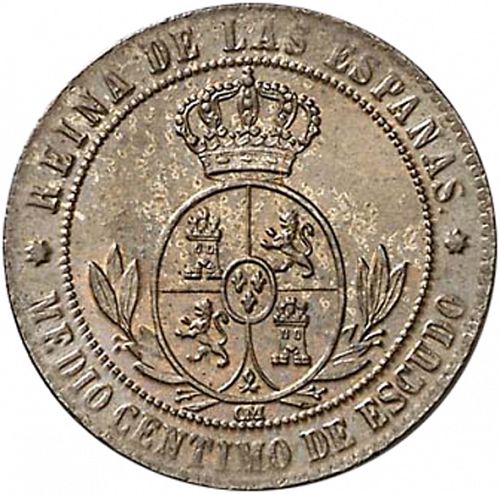 half Céntimo Escudo Reverse Image minted in SPAIN in 1868OM (1865-68  -  ISABEL II - 2nd Decimal Coinage)  - The Coin Database